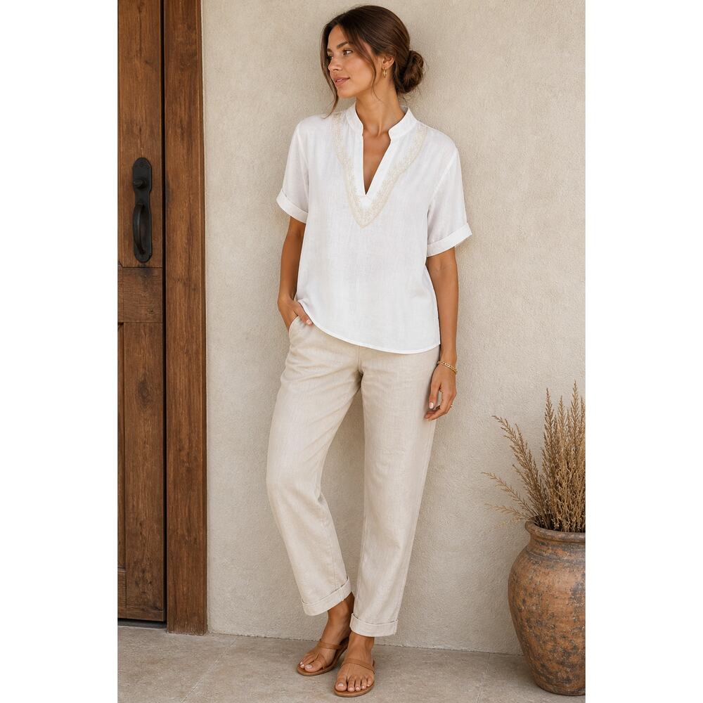Jon Sonen white linen blend tunic top w embroidered neckline sz L